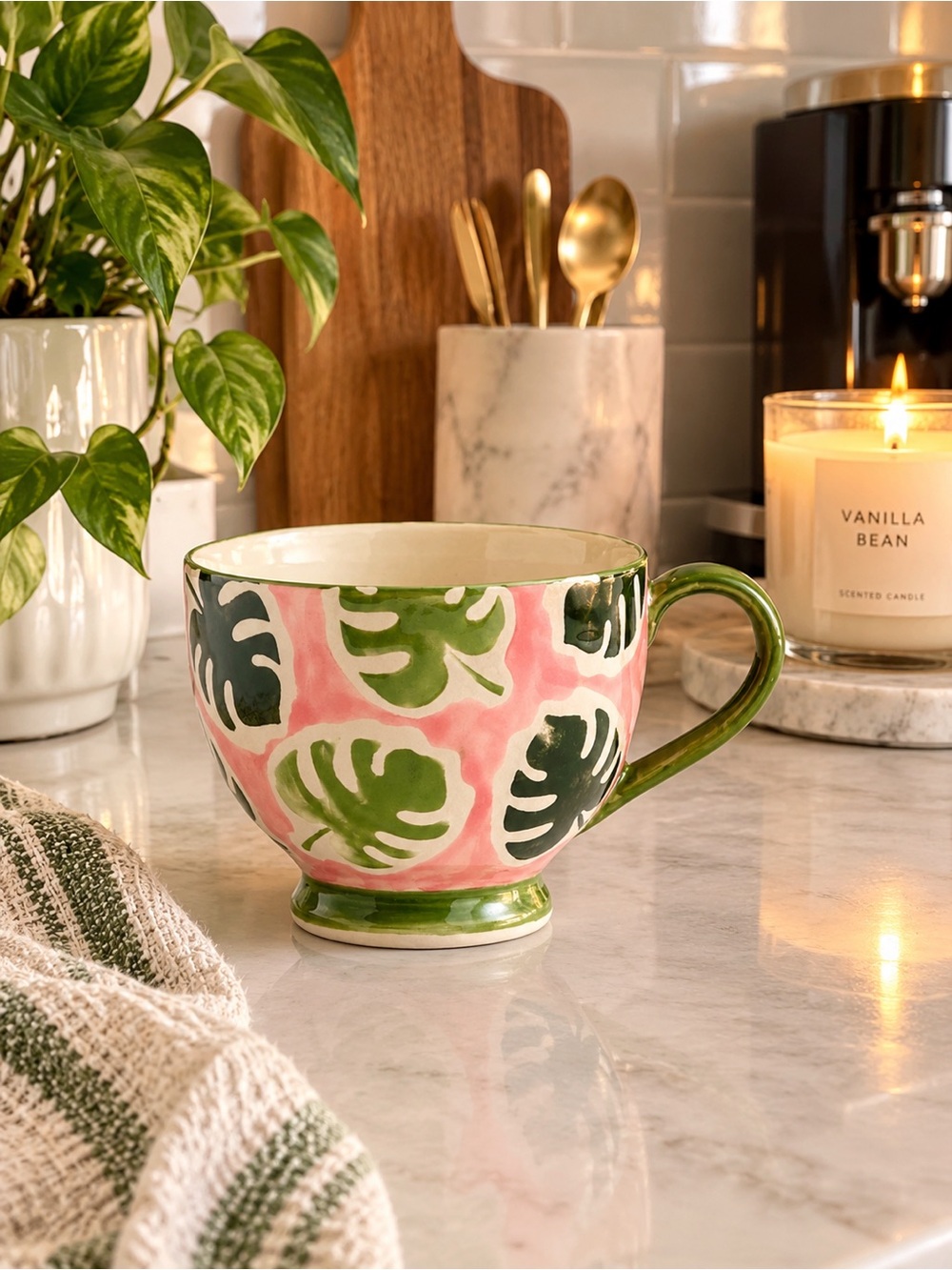 1 NWT Monstera Leaf Hand Stamped Ceramic Mug - World Market